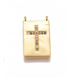 Pendentif rectangle avec croix en zircon / doré à l'or fin