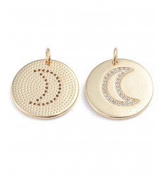 Pendentif médaille plaquée or + lune en zircon