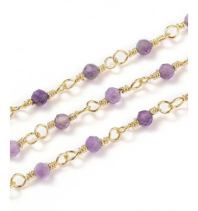 Chaine laiton, plaquée or 18k avec pierres en améthyste
