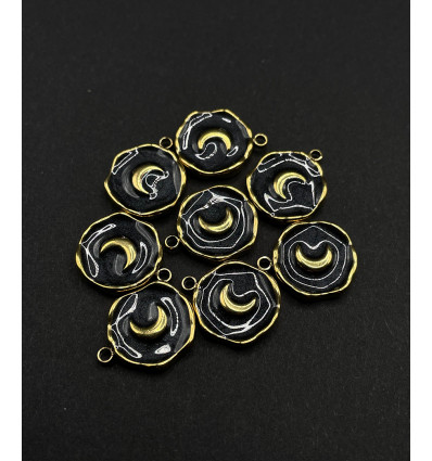 Pendentif rond "lune" émail noir en acier inoxydable