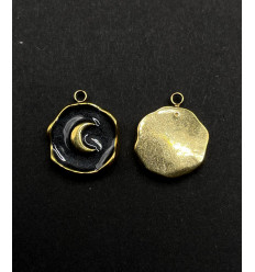 Pendentif rond "lune" émail noir en acier inoxydable