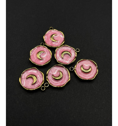 Pendentif rond "lune" émail rose en acier inoxydable