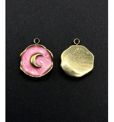 Pendentif rond "lune" émail rose en acier inoxydable
