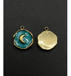 Pendentif rond "lune" émail bleu canard en acier inoxydable