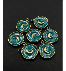 Pendentif rond "lune" émail bleu canard en acier inoxydable