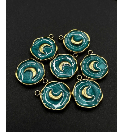 Pendentif rond "lune" émail bleu canard en acier inoxydable