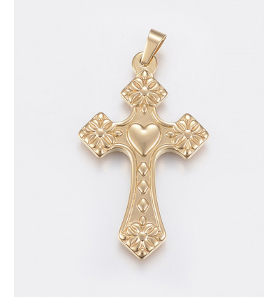 Pendentif grande croix + coeur en acier