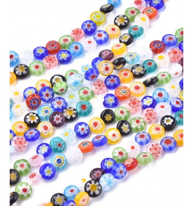 6mm - Chapelet perle de verre ronde et plate - Millefiori