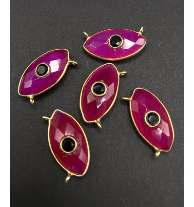 Calcédoine rose + onyx noir - pendentif troisième oeil