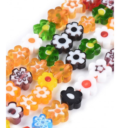 8mm - Chapelet perles fleurs en verre "Millefiori"