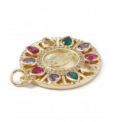 Pendentif médaille + vierge marie et zircons colorés