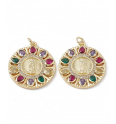 Pendentif médaille + vierge marie et zircons colorés