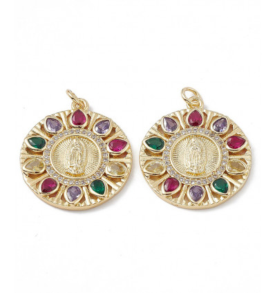 Pendentif médaille + vierge marie et zircons colorés