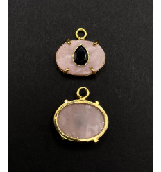 Opale rose + onyx noir - pendentif troisième oeil serti