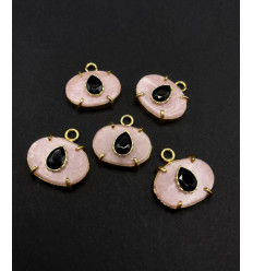 Opale rose + onyx noir - pendentif troisième oeil serti
