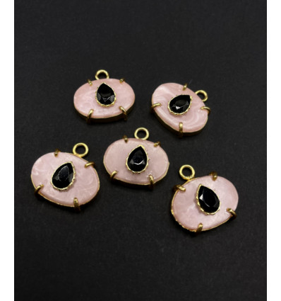 Opale rose + onyx noir - pendentif troisième oeil serti