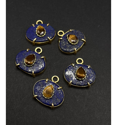 Lapis lazuli + oeil de tigre - pendentif troisième oeil serti