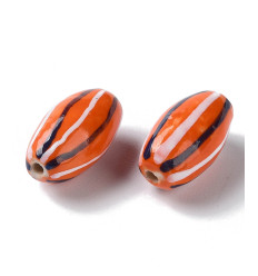 Perle olive en porcelaine - rouge ligné