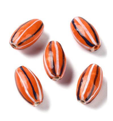 Perle olive en porcelaine - rouge ligné