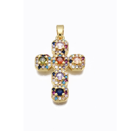 Pendentif croix + zircons multicolores