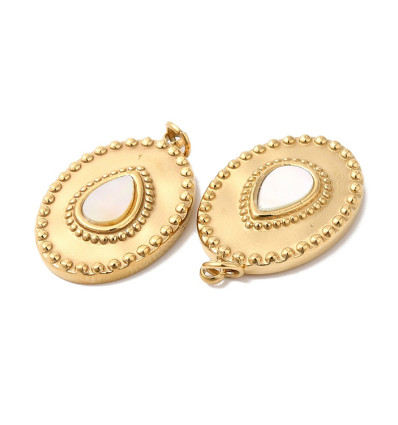 Pendentif médaille ovale avec goutte en nacre